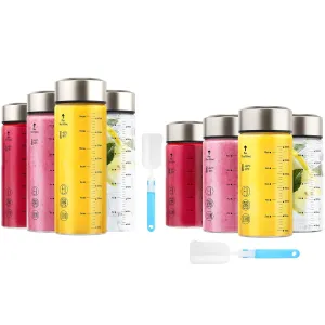 Zukro 16 oz and 12 oz Borosilicate Glass Water Bottles with Stainless Steel Lids and Measurement| Reusable Leakproof Drinking Bottles for Juicing, Smoothie, Protein| 4 Pack x2, Wide Mouth BPA-Free